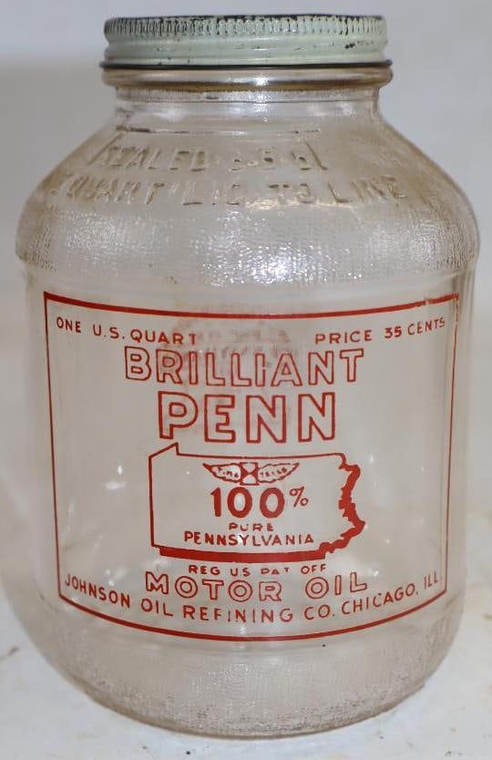 Johnson Oil Refining Brilliant Penn Glass Wartime Oil Jar: 32oz, empty