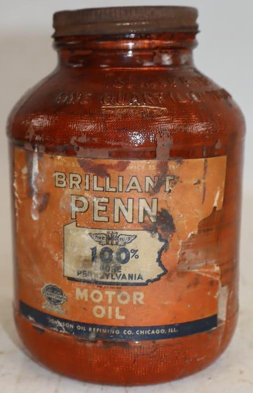Johnson Oil Refining Brilliant Penn Glass Wartime Oil Jar with Paper Label: 32oz, empty