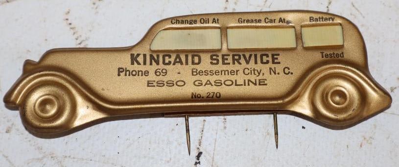 Esso Gasoline Kincaid Service 1920's Auto Shaped Reminder Pin: 4" x 1.5"