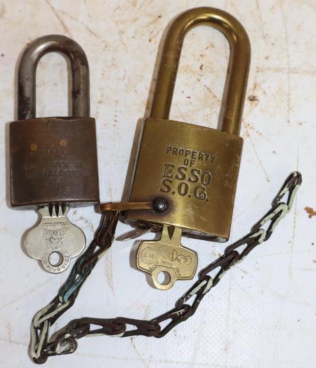 Group of 2 Esso and Standard Oil of NJ Brass Locks: 1.75" x 4" is the largest, both have key