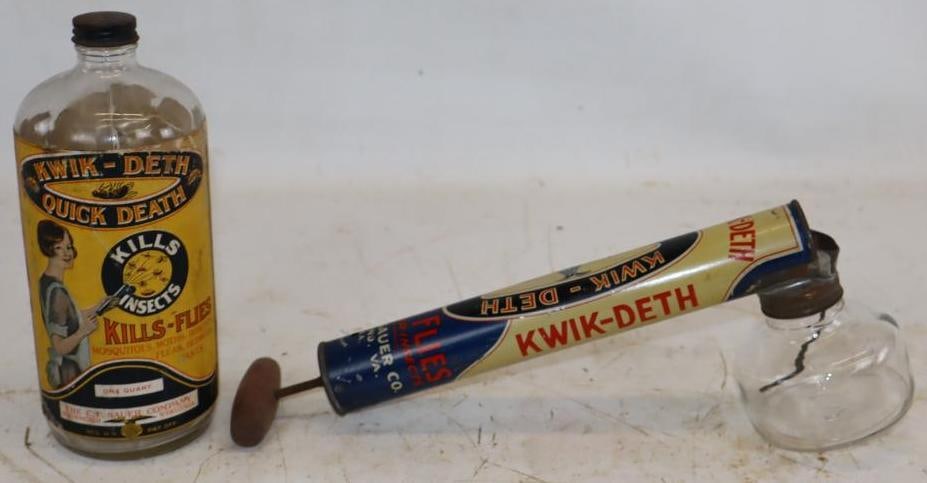 Group of 2 Kwik-Deth Sprayer and Quart Bottle: Bottle has paper label. Largest is 14" x 3" x 4.5"