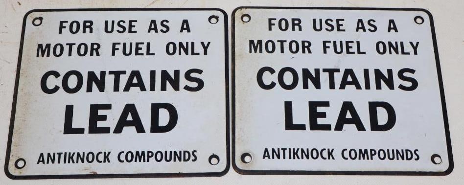 Pair of Contains Lead Porcelain Gas Pump Warning Signs (1 of 2)
