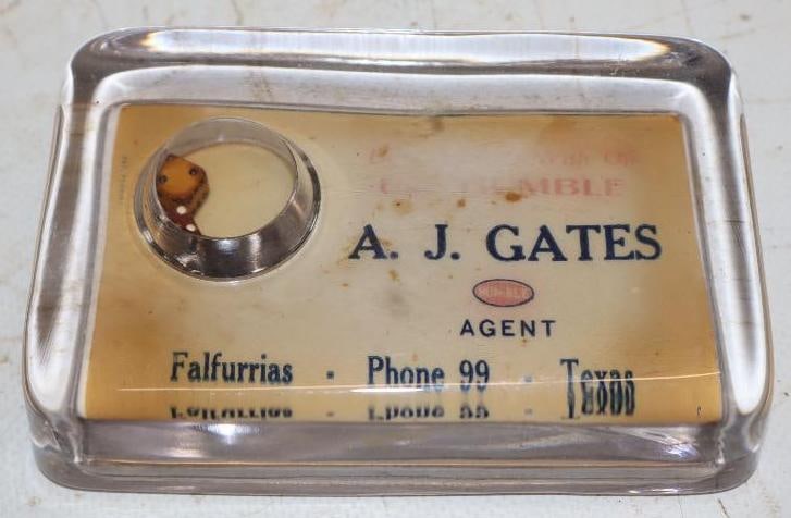 Humble Oil Agent Glass Paperweight and Mirror with Dice: 4.25" x 2.75" x 1"