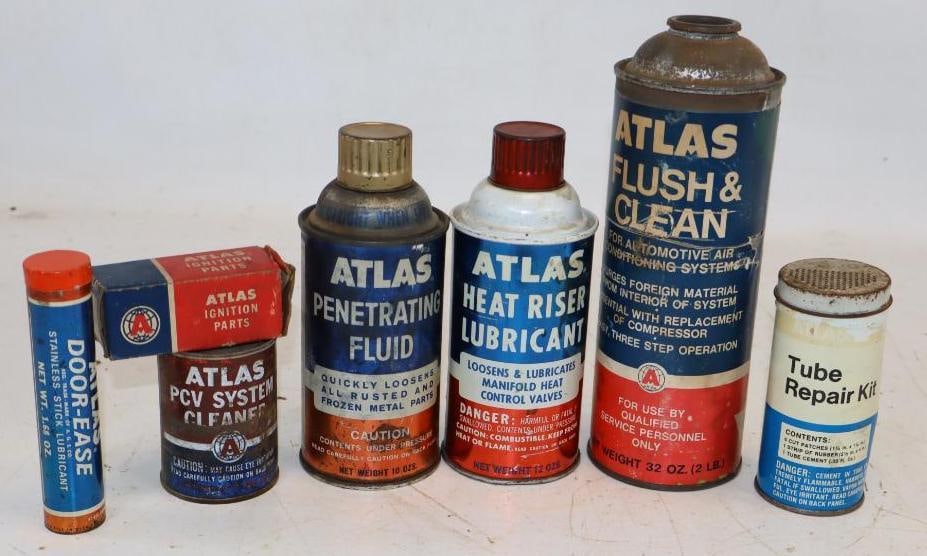 Group of 7 Atlas Car Care Products and Cans: Largest is 32 oz