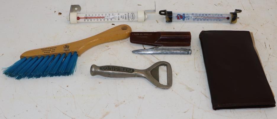 Group of 6 Pate Advertising Thermometers, Bottle Opener, Brush and Notebook (1 of 6)
