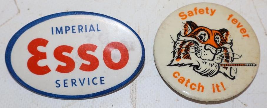 Group of 2 Esso Imperial and Tiger Safety Pin Badges: 2.75" x 1.75" is largest