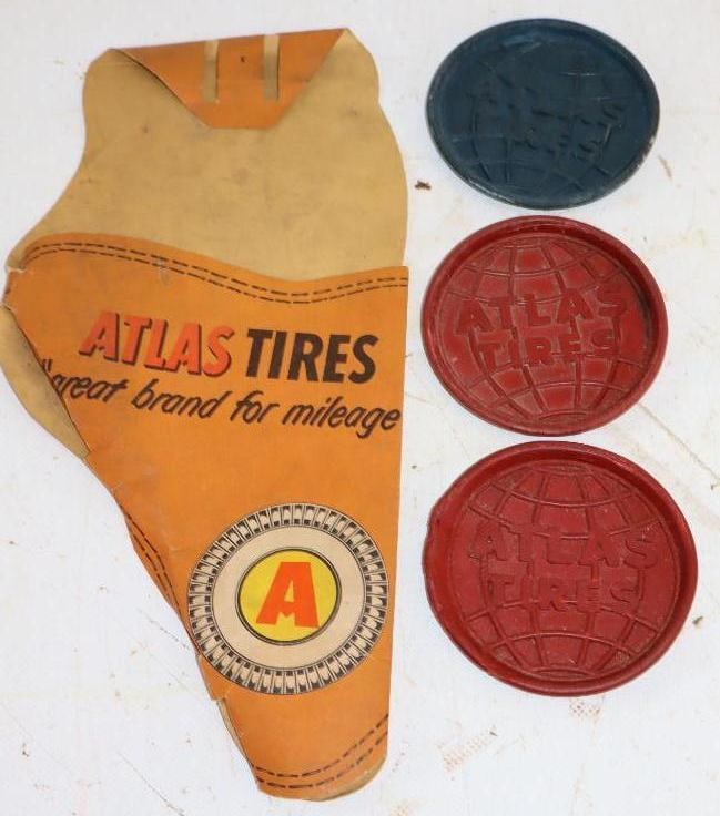 Group of 4 Atlas Tires Advertising Rubber Coaster and Paper Holster: 5.5" x 11" is the largest