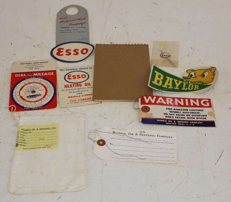 Group of 9 Carter Humble and Esso Advertising Decals, Tags, Notepad, and more: Largest is 6.5" x 4.5"
