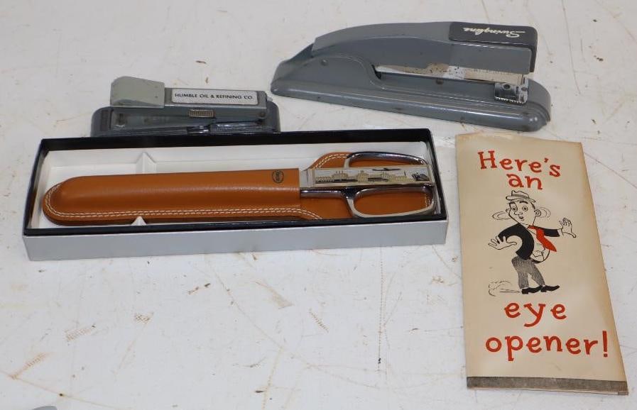 Group of 4 Humble, Enco, and Esso Advertising Staplers, Scissors, Letter Opener: Largest is 10.5" x 3.5"