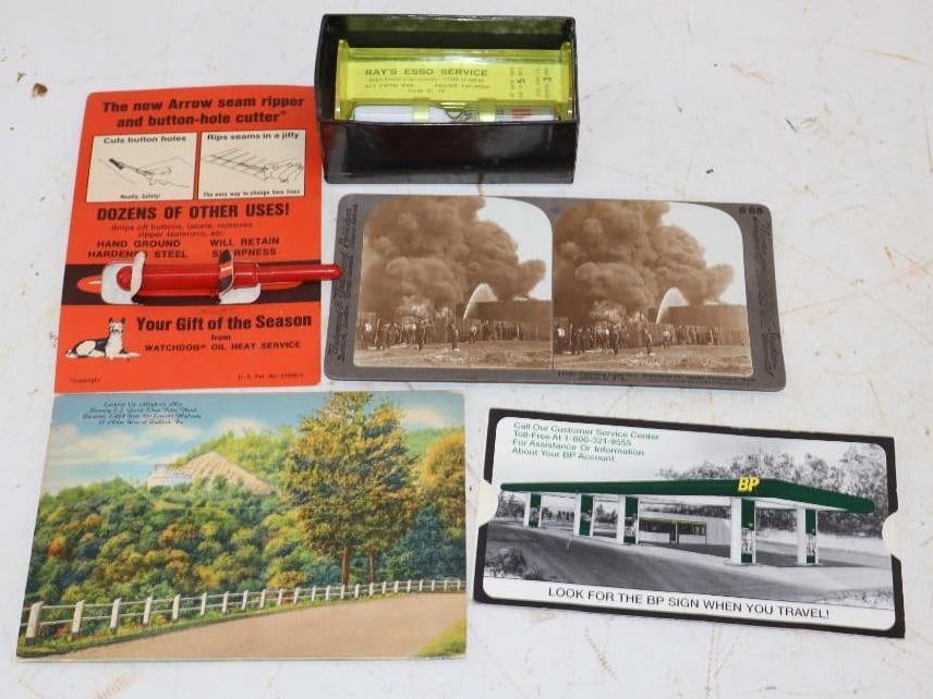 Group of 5 Esso, BP, Lincoln Highway, and Standard Oil Stereoscope Card, Slide Ruler, Timer, Seam: Largest is 1.75" x 7"
