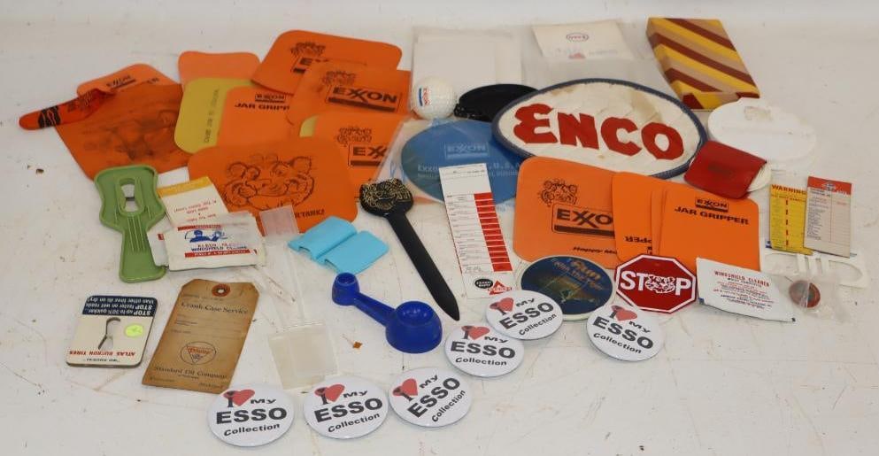 Group of 53 Esso, Exxon, and Enco Advertising Products and Give-Aways: Largest is 5" x 5"
