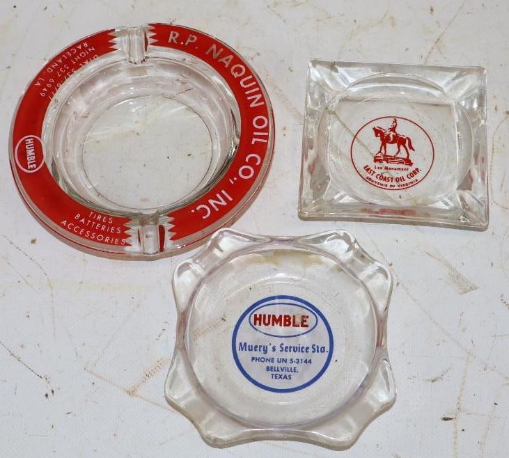 Group of 3 Humble and East Coast Oil Corp Gas Station Advertising Ashtrays: Largest is 5" x 5" x 1"