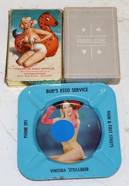 Group of 3 Esso Gas Station Risque Playing Cards and Tin Litho Ashtray (1 of 2)