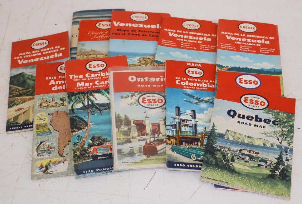 Group of 12 Esso and Creole Gas Station Road Maps from Abroad: Largest is 8.5" x 4"