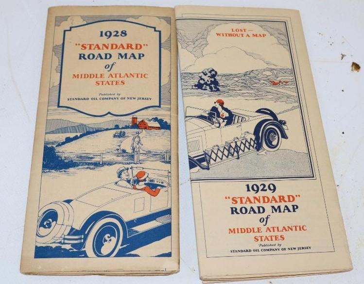 Group of 2 1928 & 1929 Standard Road Map of Middle Atlantic States with Auto Scenes (1 of 2)