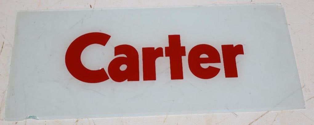 Carter Gas Pump Ad Glass: 13" x 5.5", has chip along the top and bottom