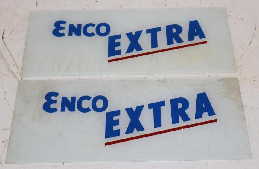 Pair of Enco Extra Gas Pump Ad Glass: 12.5" x 5"