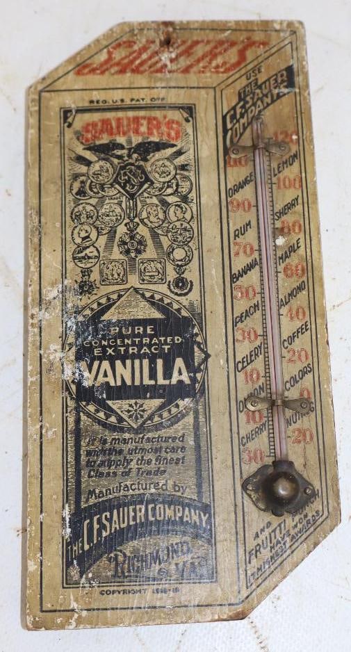 1919 Sauer's Pure Concentrated Vanilla Extract Product Shaped Wooden Advertising Thermometer (1 of 2)