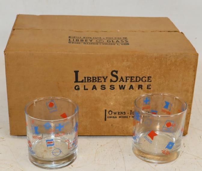 Group of 8 Exxon Drinking and Scotch Glasses: Largest is 14 ounces, drinking glasses have original box