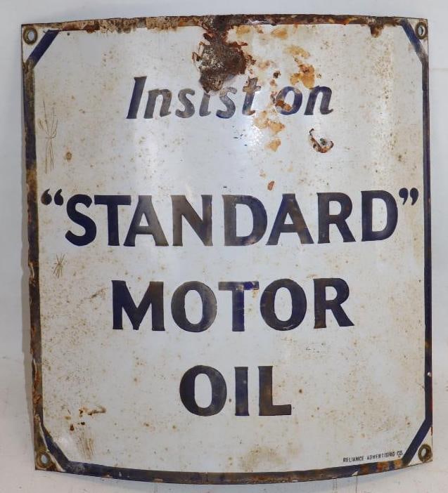 Insist On Standard Motor Oil Curved Gas Pump SSP Porcelain Sign: Marked Reliance Advertising Co, 10.75" x 11.75"