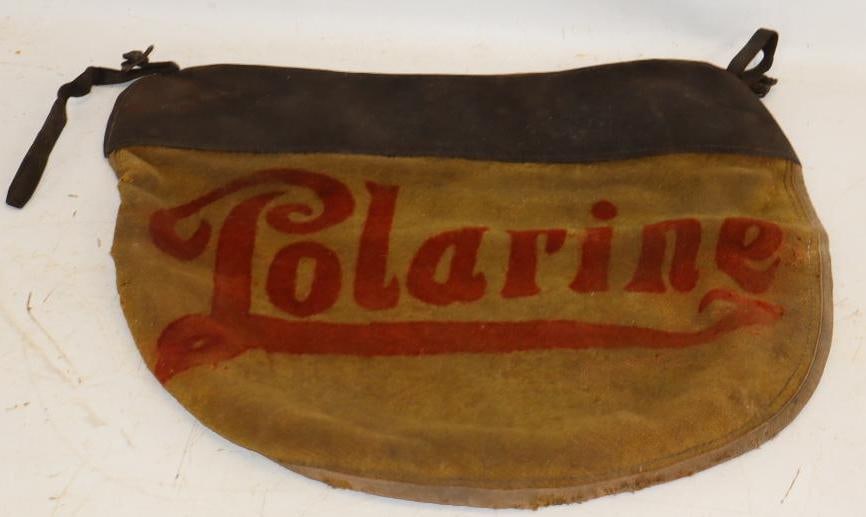 Early Polarine Advertising Wool and Leather Fender Cover: 22" x 19"