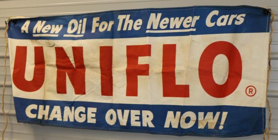 Esso "All New Oil, Uniflo Change Over Now" Canvas Advertising Banner: 79" x 33"