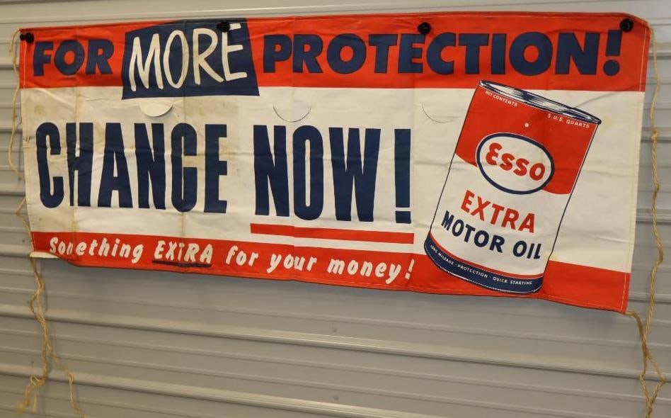 Esso Extra "For More Protection Change Now" Canvas Advertising Banner: 85" x 32"