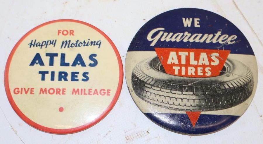 Group of 2 Atlas Tires Pin Back Badges: Largest is 3.5" x 3.5"