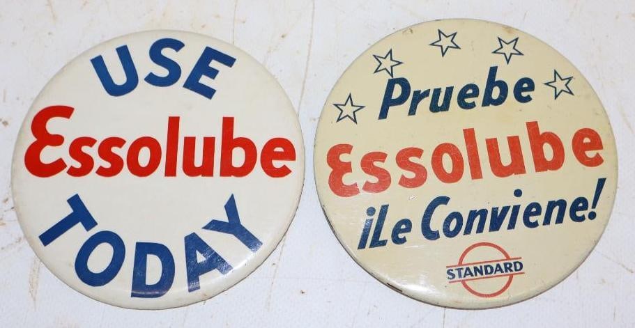 Group of 2 Standard Essolube Pin Back Badges: 4" x 4" each