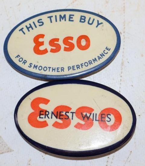 Group of 2 Oval Esso Employee Pin Back Badges: 2.75" x 1.75" each
