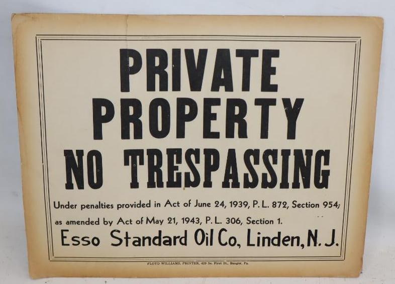 1943 Esso Standard Oil Private Property Warning Sign (1 of 2)