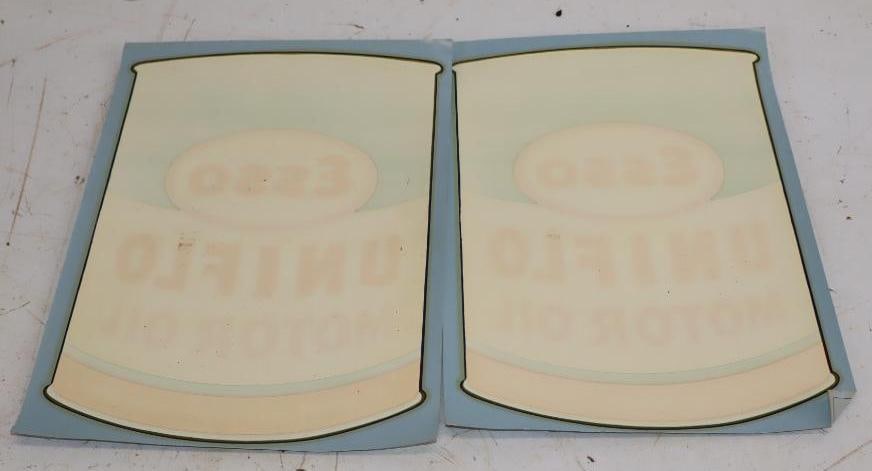 Group of 2 Esso Uniflo Oil Can Shaped Service Station Window Decals: 8" x 11.5" each
