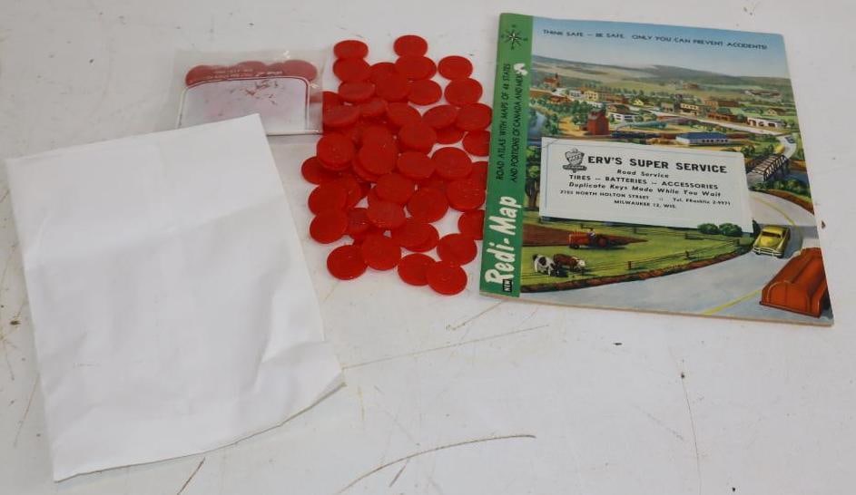 Large Group Pate Oil Company 48 Page Road Map and Plastic Tokens: Largest is 7.75" x 10"