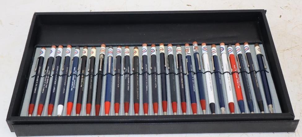 Group of 26 Esso and Enjay Oil Company Advertising Pens and Pencils: With Case. 14.75" x 8.25" x 1"