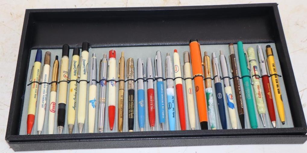 Group of 26 Esso, Enco, Enjay, Gilbarco Oil Company Advertising Pens and Pencils: With Case. 14.75" x 8.25" x 1"