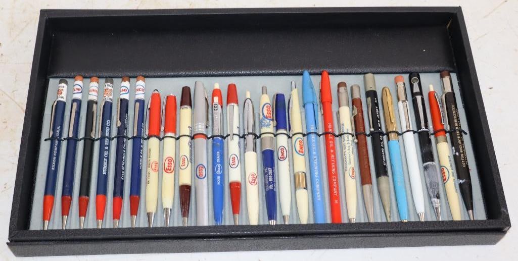 Group of 26 Esso and Enco Oil Company Advertising Pens and Pencils: With Case. 14.75" x 8.25" x 1"