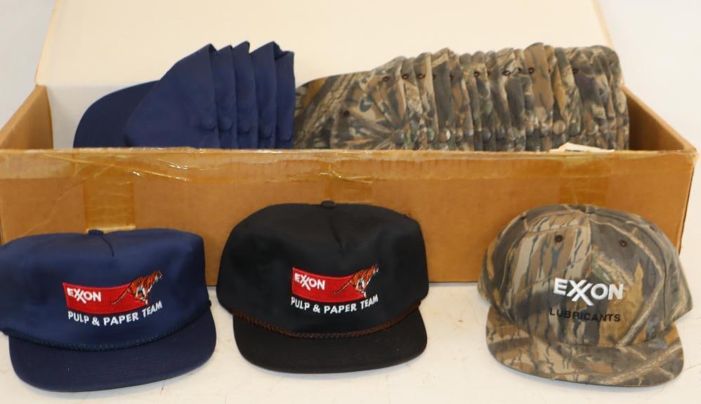 Group of 26 Exxon Lubricants Real Tree Camo and Pulp & Paper Team Hats: Snap Back and Leather Band Adjustable, 9" x 6" x 4.5" each