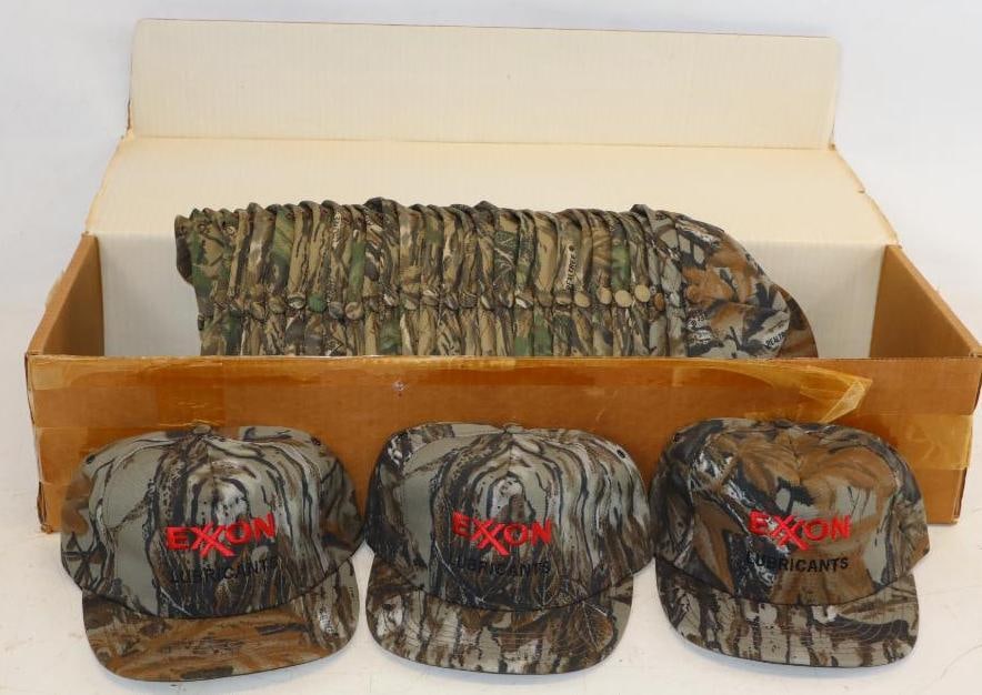 Group of 32 Exxon Lubricants Real Tree Camo Hats: Snap Back Adjustable, 9" x 6" x 4.5" each