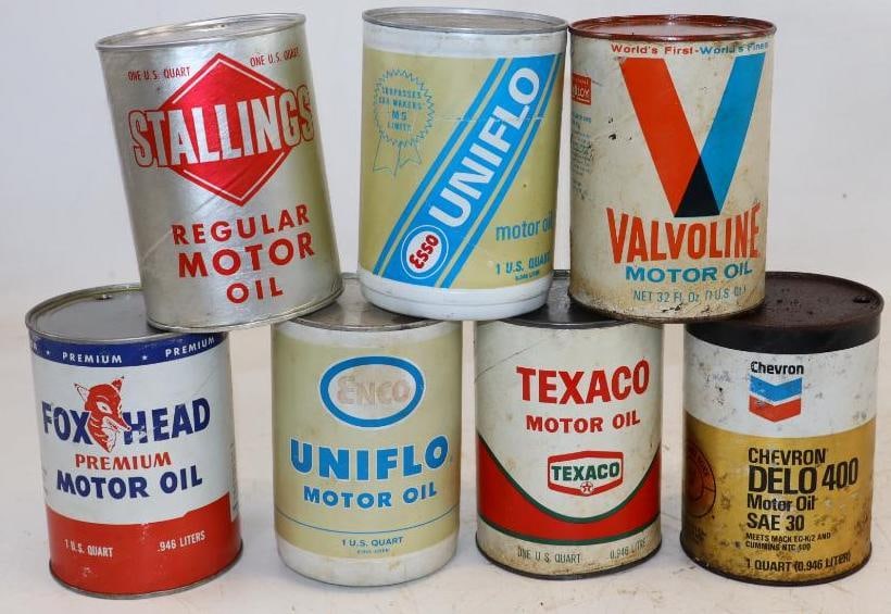 Group of 7 Fox Head, Stallings, Esso, Texaco Composite and Plastic 1 Quart Oil Cans (1 of 2)
