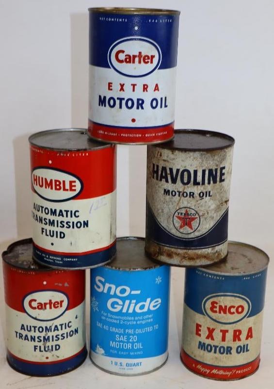 Group of 6 Carter, Humble, Enco, Texaco Metal 1 Quart Oil Cans (1 of 2)
