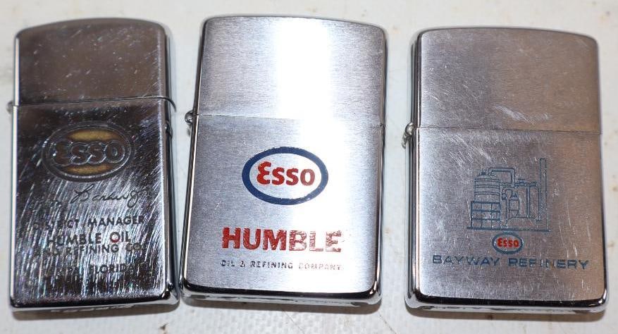 Group of 3 Esso Advertising Zippo Lighters: Largest is 1.5" x 2.25"