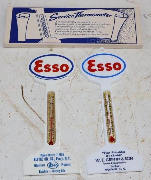 Group of 2 Esso Plastic Pole Sign Thermometers: 6.5" x 2.5" each, 1 has original box
