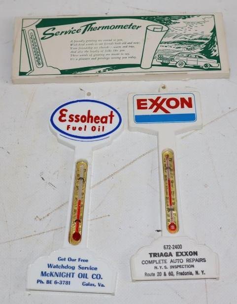 Group of 2 Exxon & Essoheat Plastic Pole Sign Advertising Thermometer: 6.5" x 2.5" each, Essoheat has original box