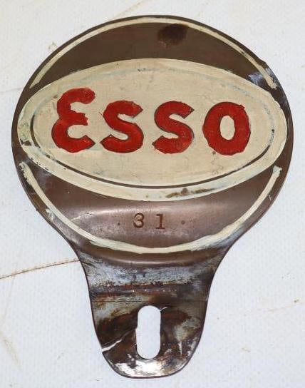 Painted Brass Esso Advertising License Plate Topper: 3.5" x 4.75"