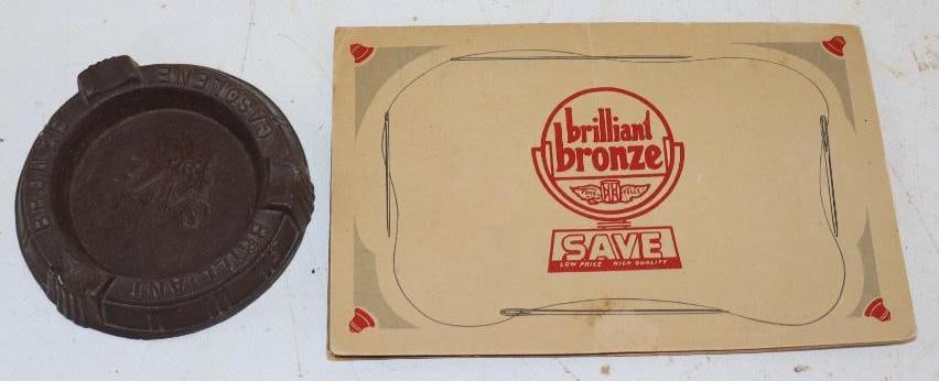 Group of 2 Brilliant Bronze Advertising Ashtray & Needle Kit: Largest is 6.25" x 4"