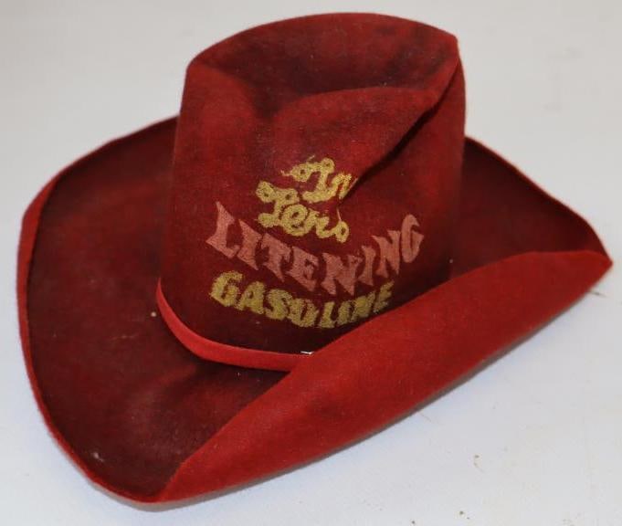 Litening Gasoline Advertising Red Felt Cowboy Hat: 6.5" x 6.5" x 3.5"