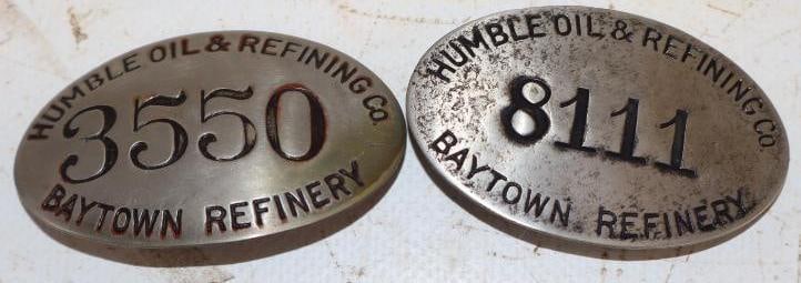Group of 2 Humble Oil Baytown Refinery Employee Pinback Badges: 2.25" x 1.5" each