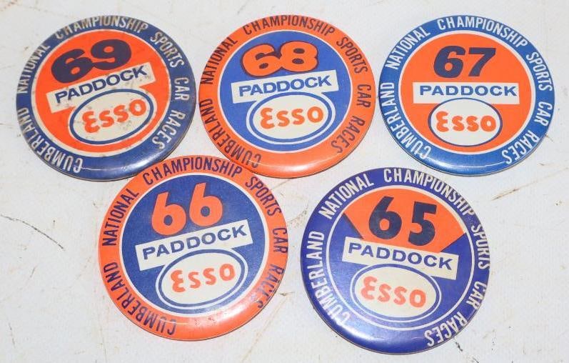 Group of 5 Esso Cumberland Championship Races Paddock Pinback Badges: 2.5" x 2.5" each