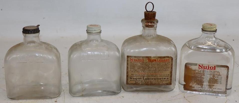 Group of 4 Nujol Glass Mineral Oil Bottles: largest 20oz
