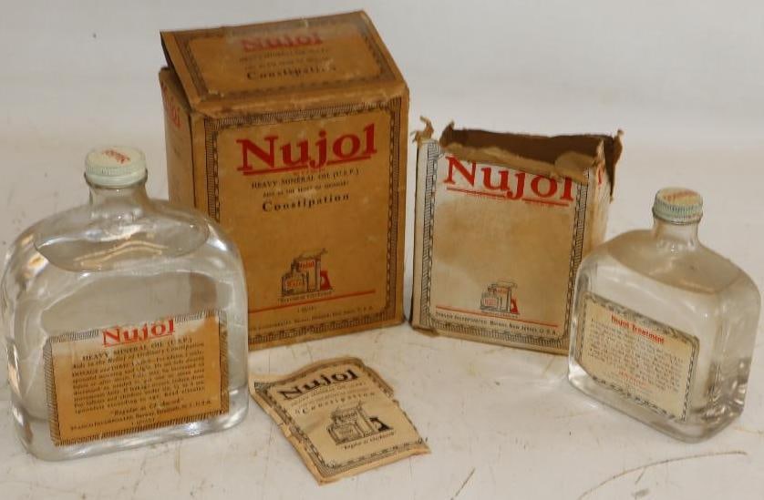 Group of 2 Nujol Mineral Oil Glass Bottles with Original Boxes: largest 32oz